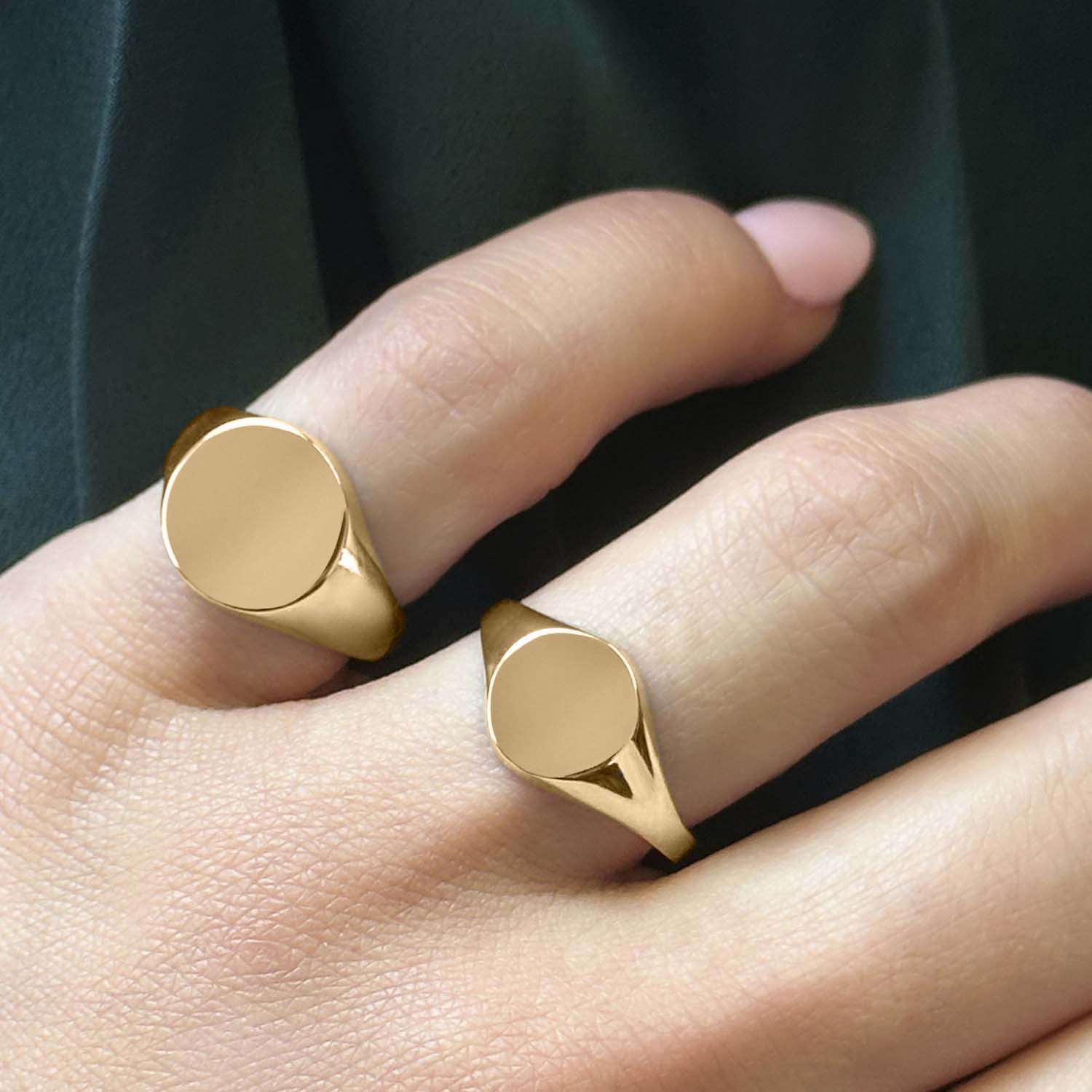 Hand Engraved Letters 9k Yellow Gold Round Signet Ring - 11mm