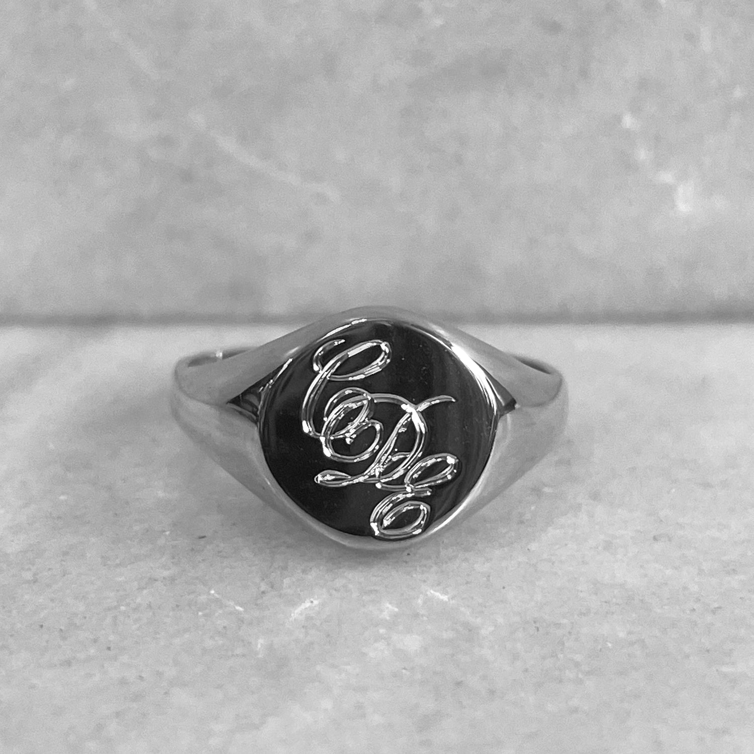 Hand Engraved Initials Round Signet Ring - Recycled Silver