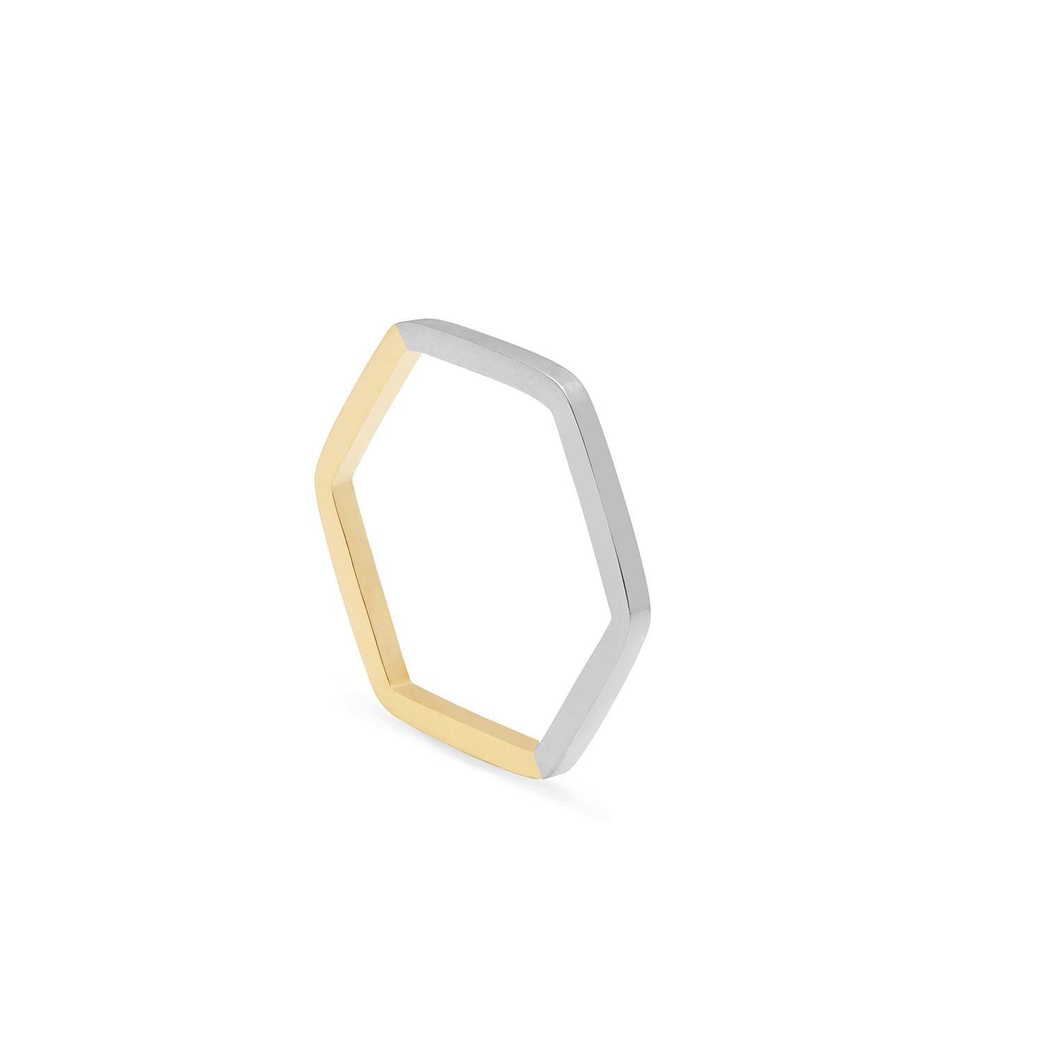 Two-toned ring with gold and silver hexagonal design on a white background