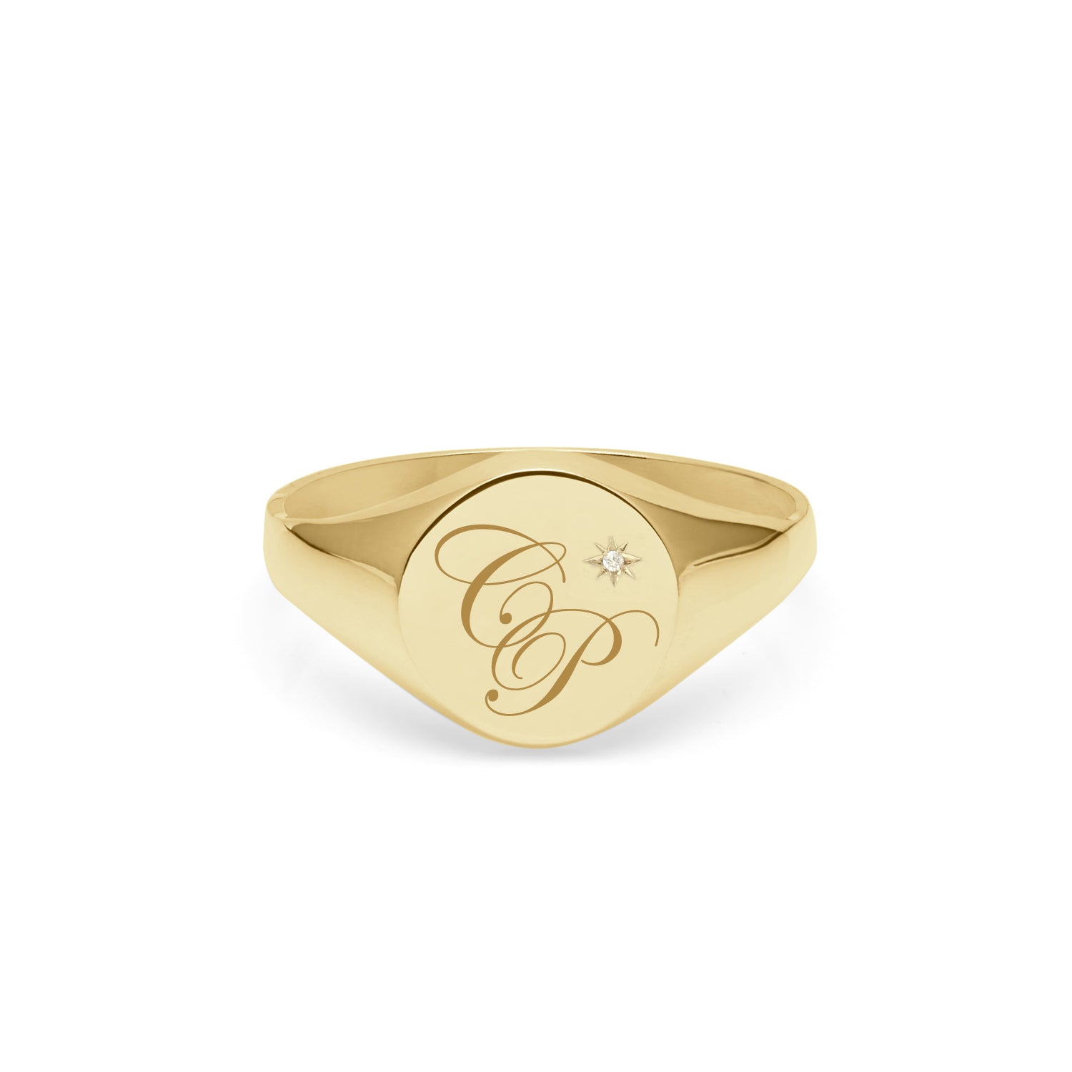 Double Initial Edwardian Round Signet Ring with diamond - 9k Yellow Gold - Myia Bonner Jewellery