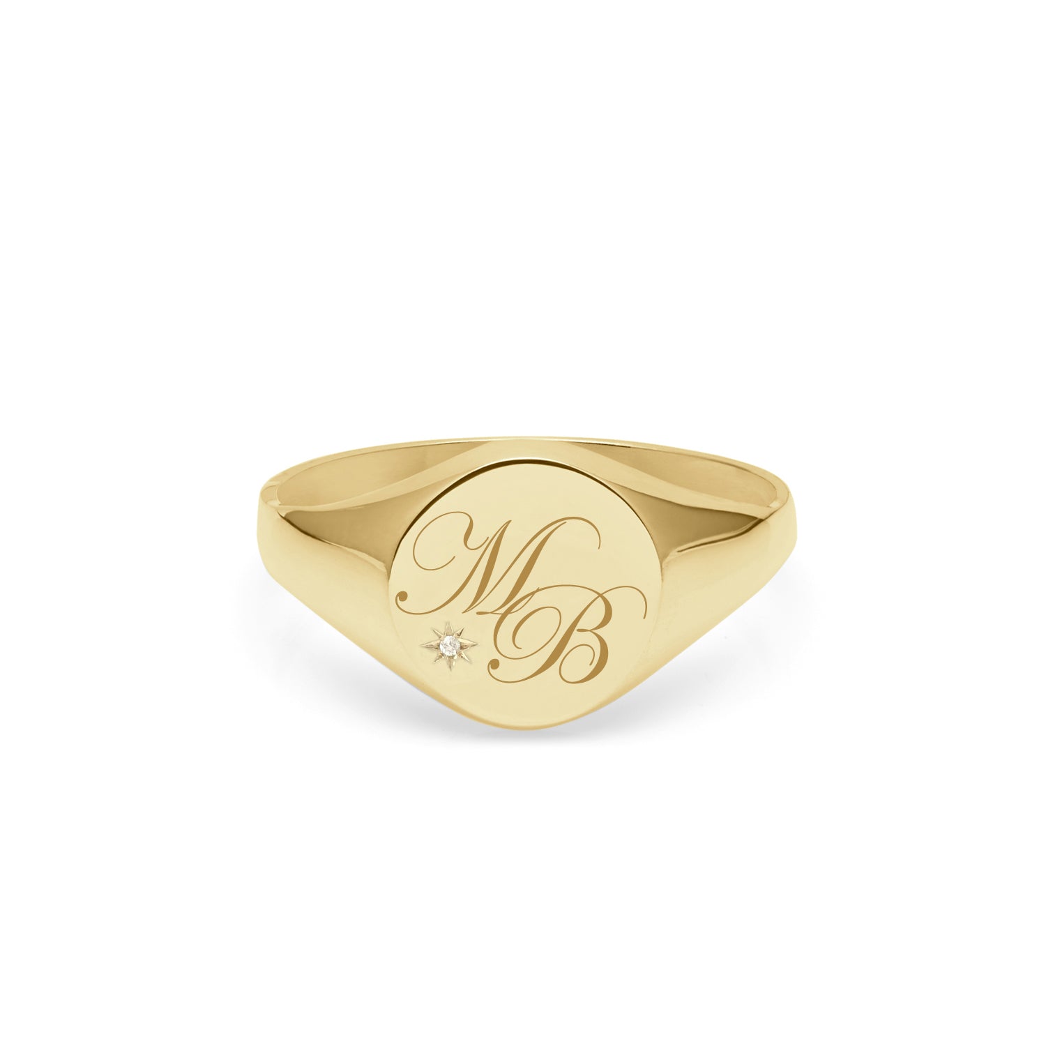 Double Initial Script Round Signet Ring with Diamond - 18k Yellow Gold