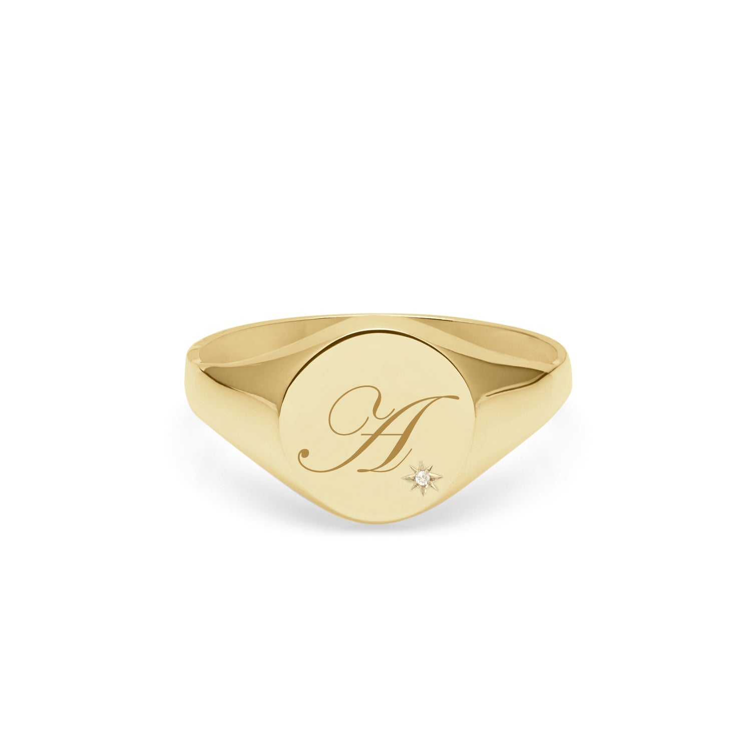 Single Initial Edwardian Round Signet Ring with diamond - 9k Yellow Gold