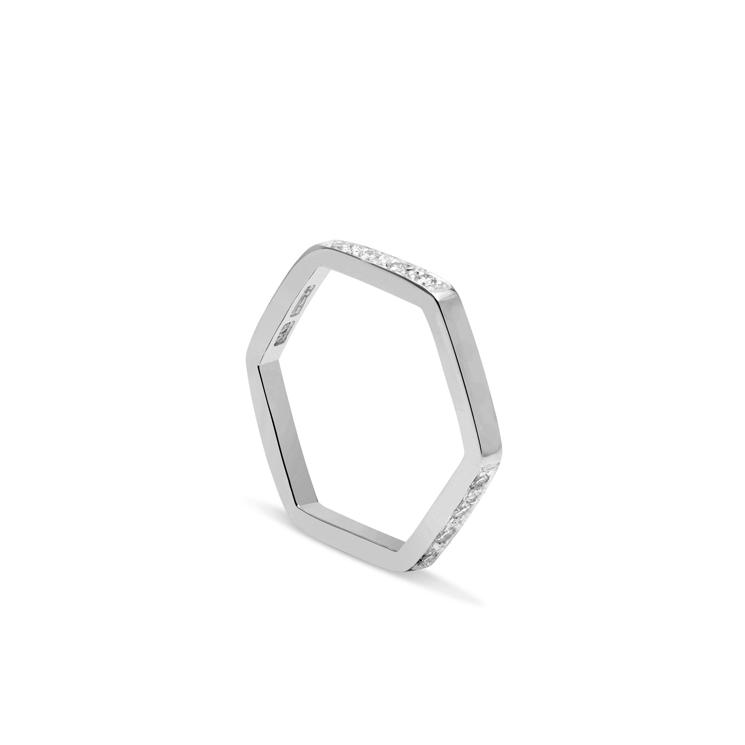 Hexagon Ring with Diamonds / 2 Sides - 18k White Gold