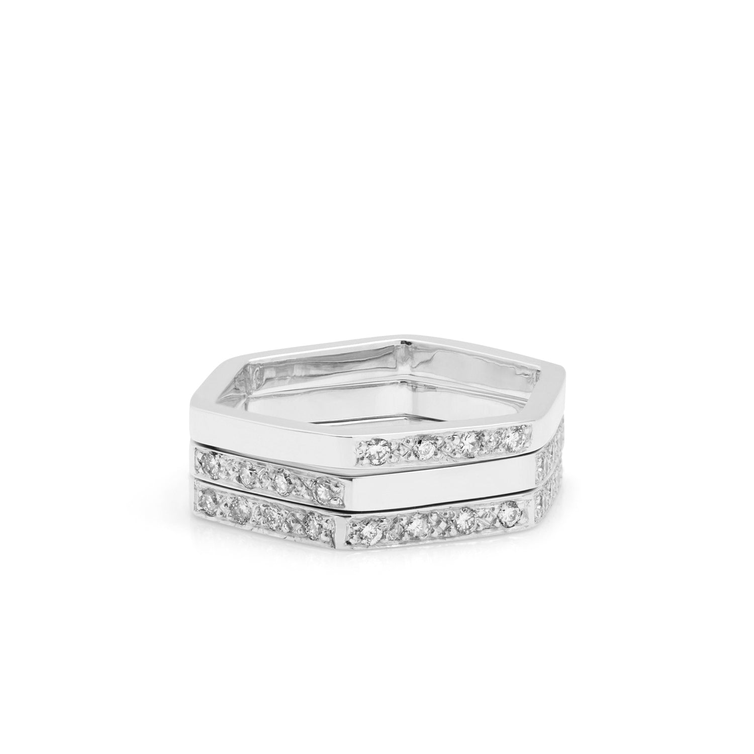 Hexagon Ring  with Diamonds / 2 Sides - 9k White Gold