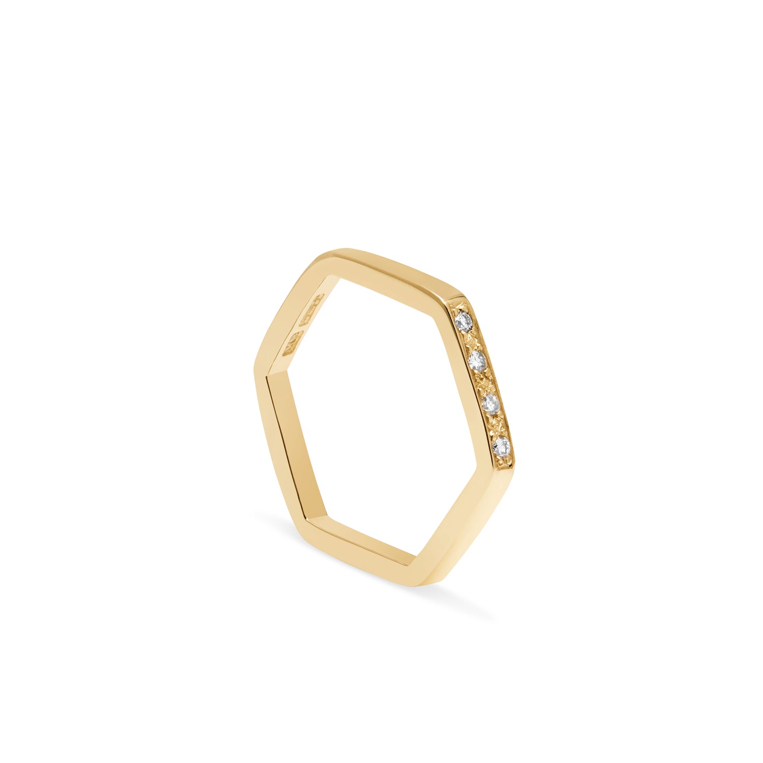 Hexagon Ring  with Diamonds / 1 Side - 9k Yellow Gold